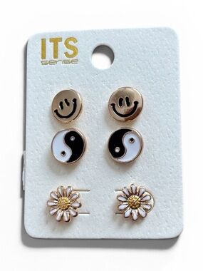 ITS Sense Smiley, Daisy, and Yin Yang Stud Earrings Set Mix and Match-Gold Tones
